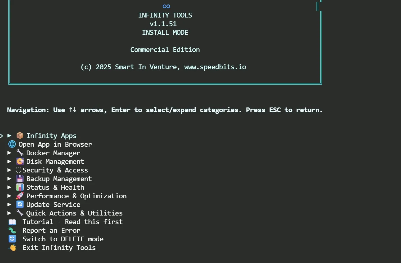 The Infinity Tools main menu, listing apps, Docker, disks, security, backups and health