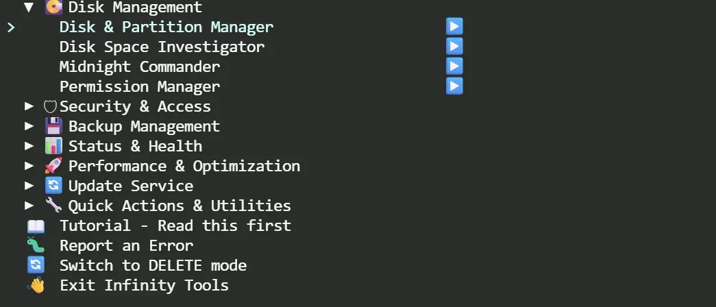 Disk management showing devices, partitions and free space
