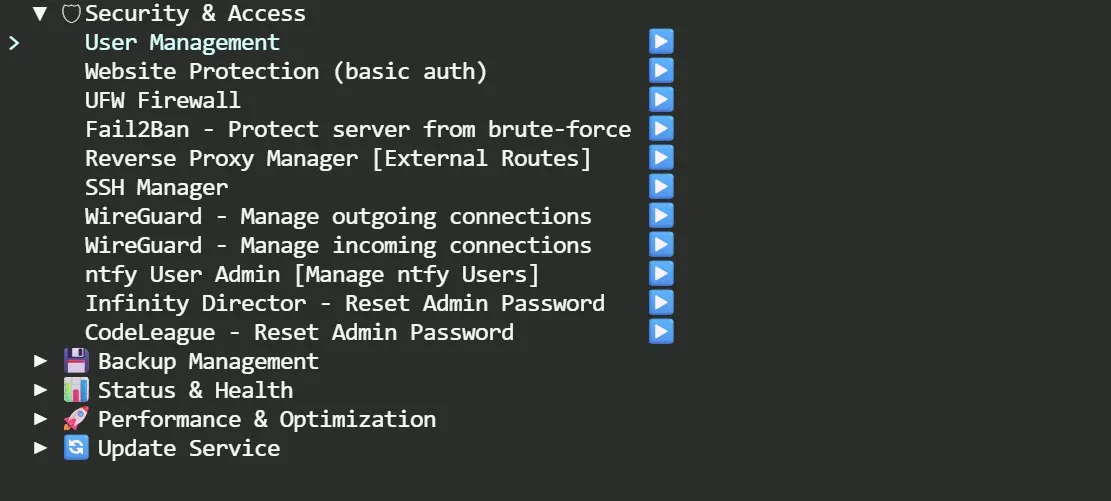 The Security and Access menu with firewall, Fail2Ban, SSH and WireGuard entries