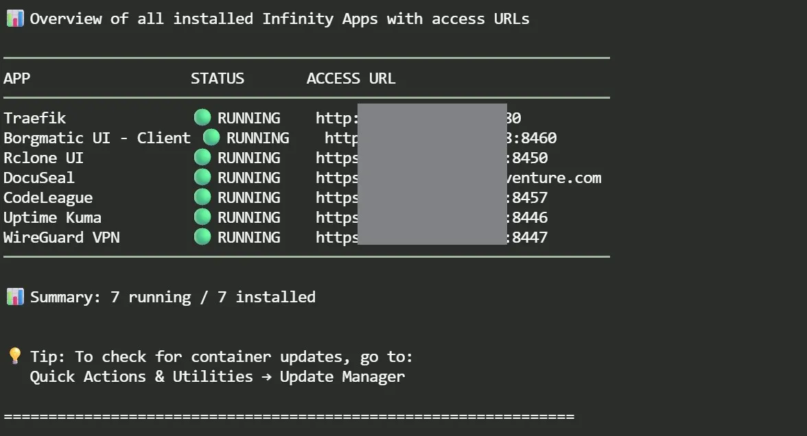 Overview of installed apps with running status and access URLs