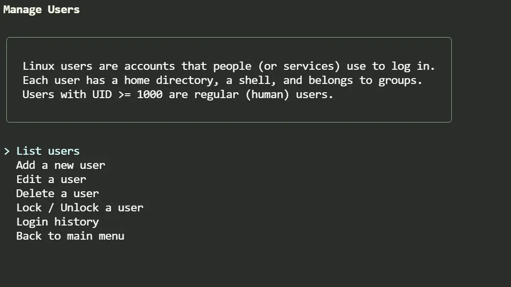 Linux user management — list, add, edit, delete, lock and login history