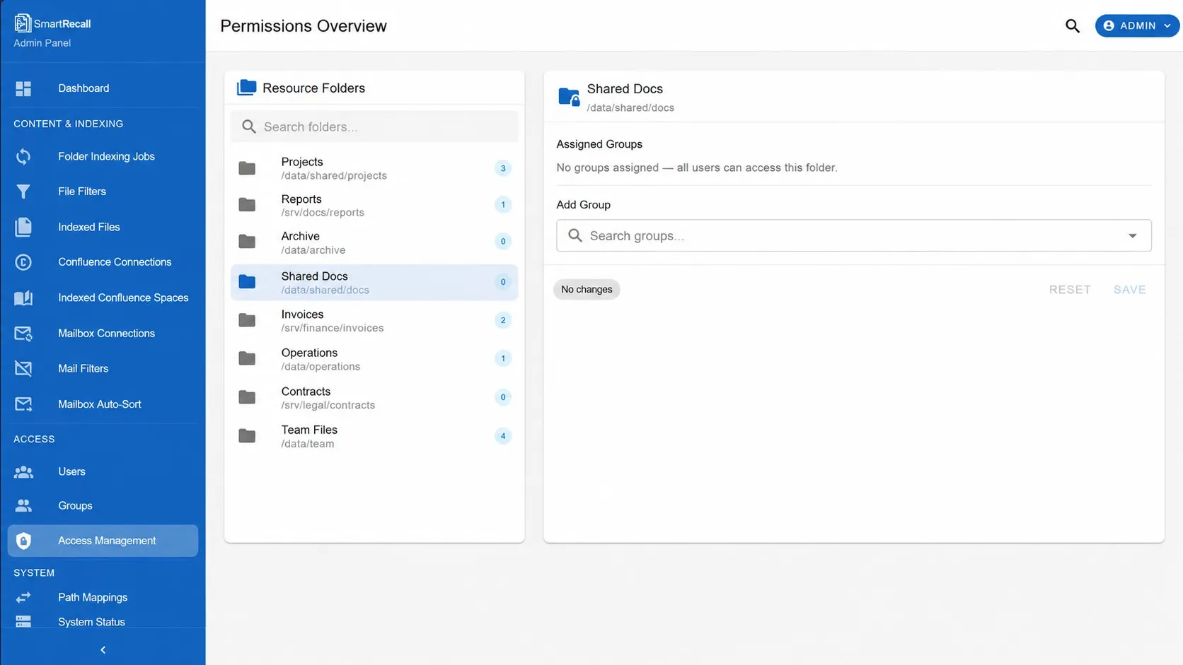 Permissions overview mapping resource folders to groups