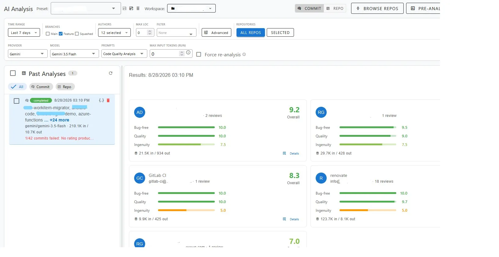 AI analysis results scoring commits for bugs, quality and ingenuity