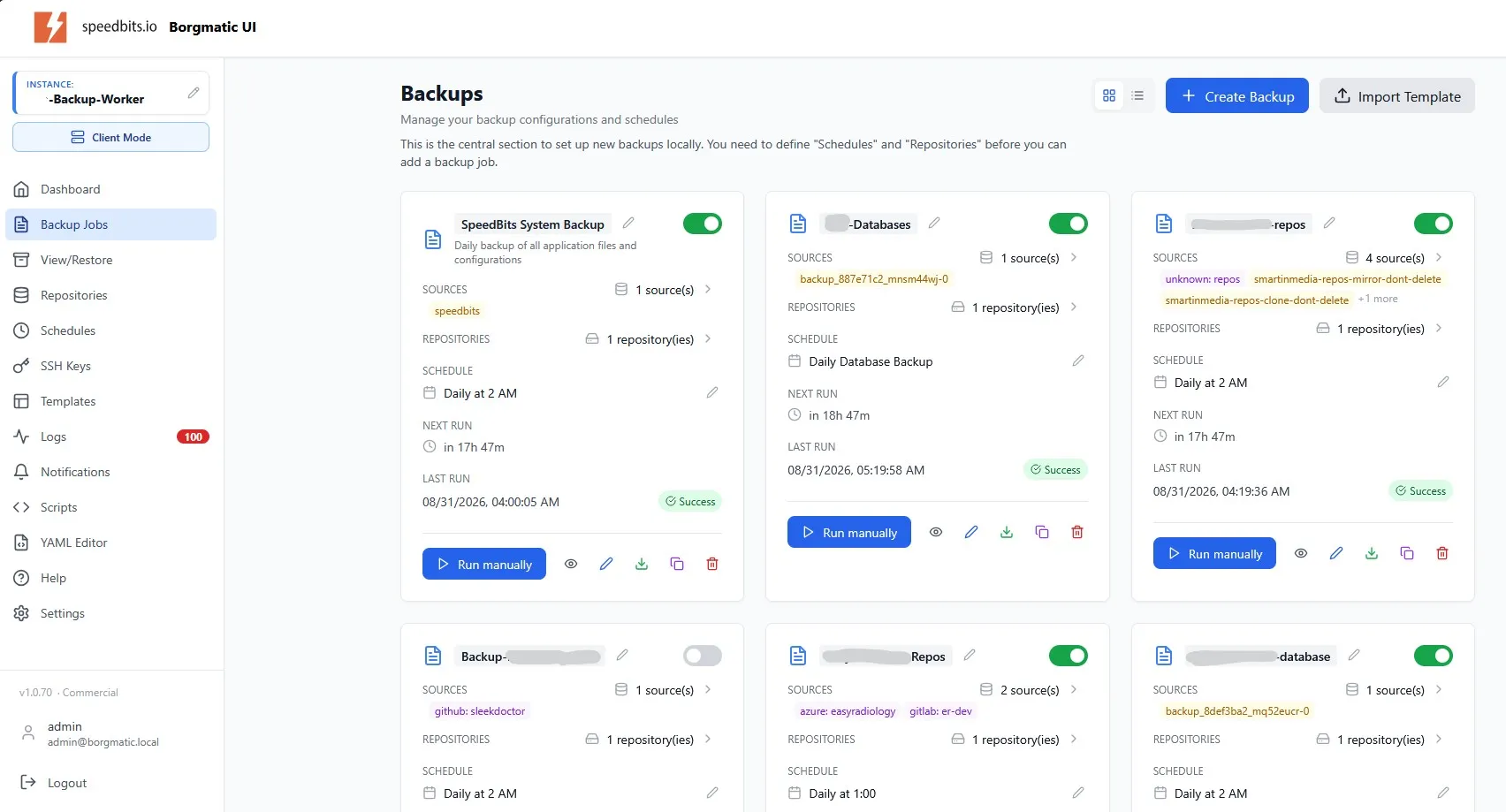Backup jobs overview with sources, repositories, schedules and last run