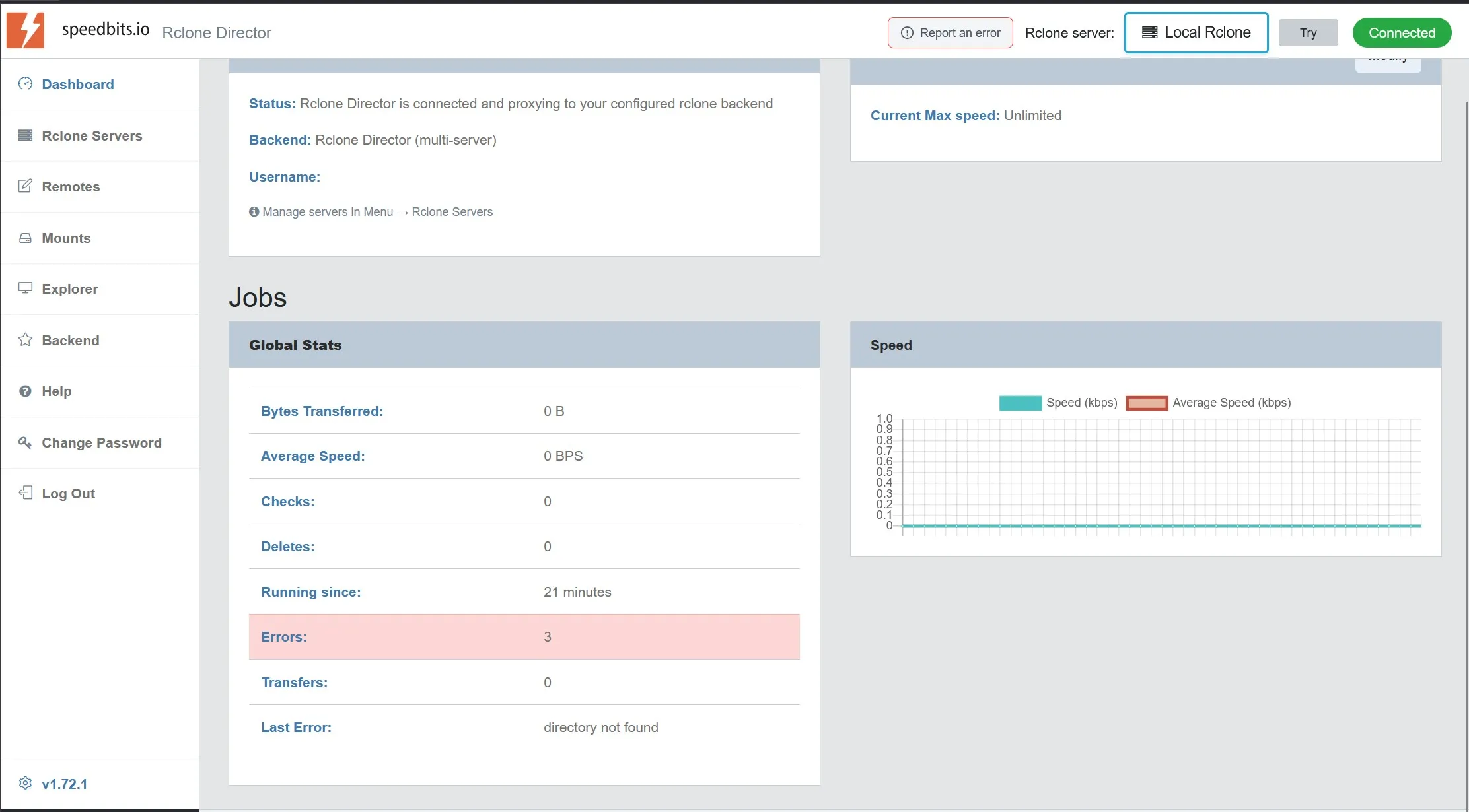 Rclone UI dashboard showing configured remotes and mounts