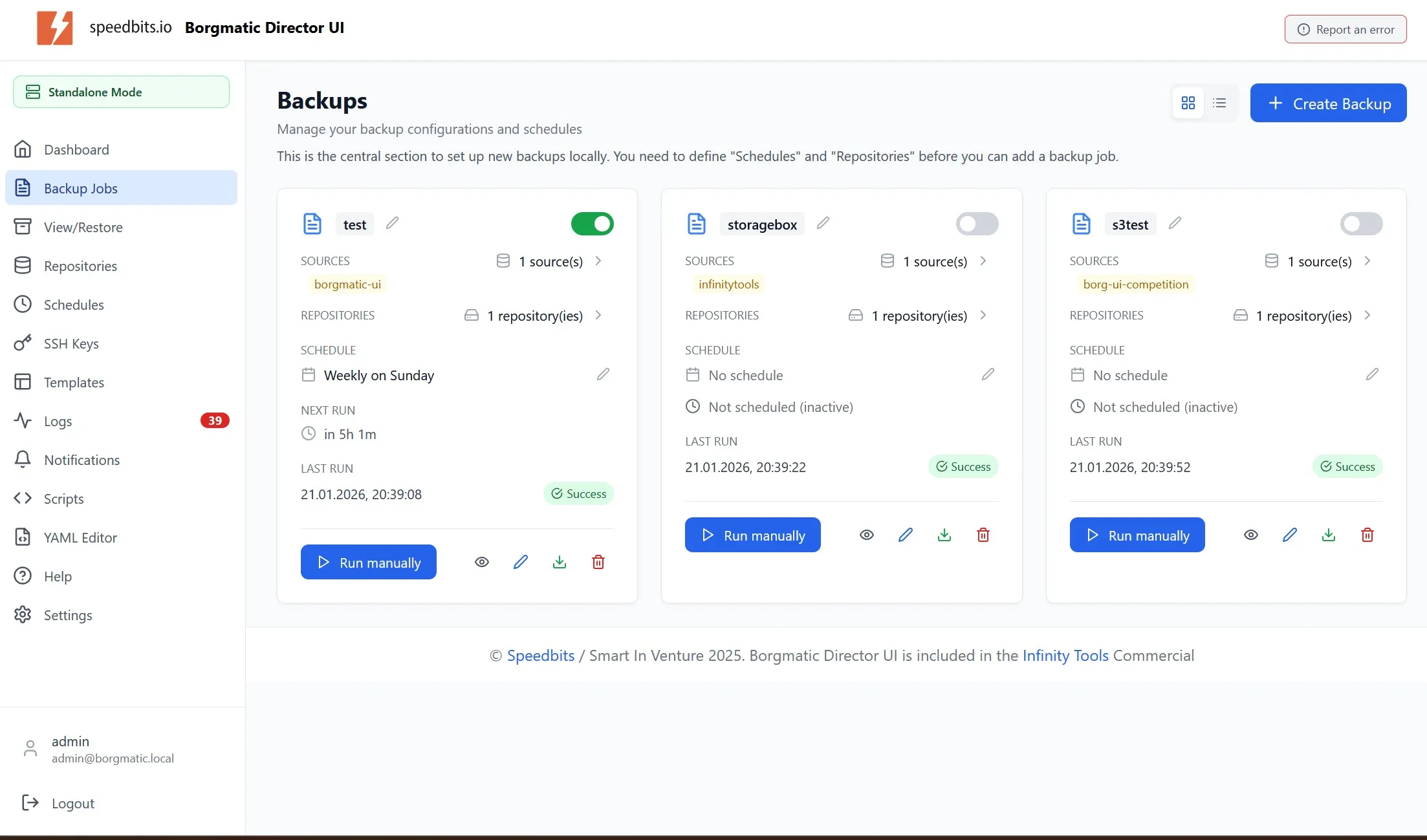 Borgmatic UI dashboard showing backup jobs and their last runs
