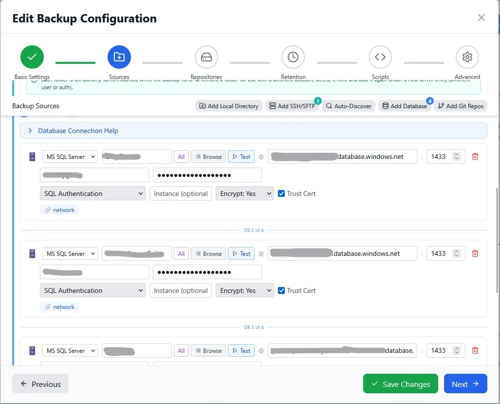 Database backup configuration with several Microsoft SQL Server connections