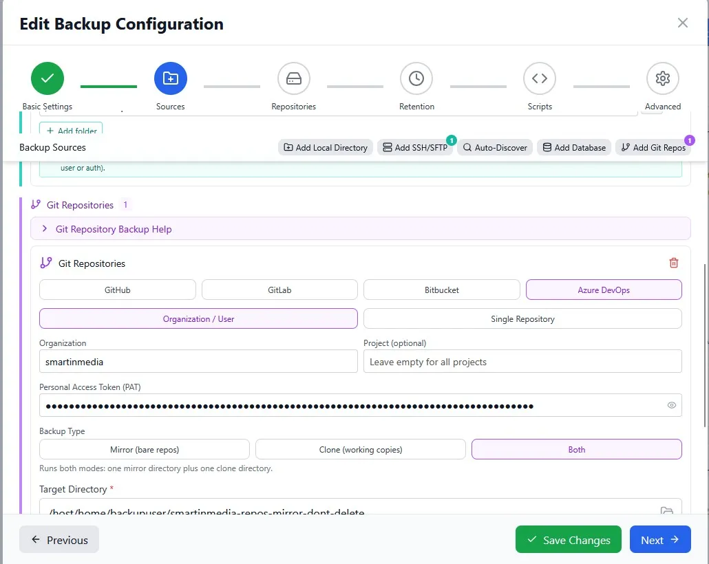 Git repository backup configuration for an Azure DevOps organisation