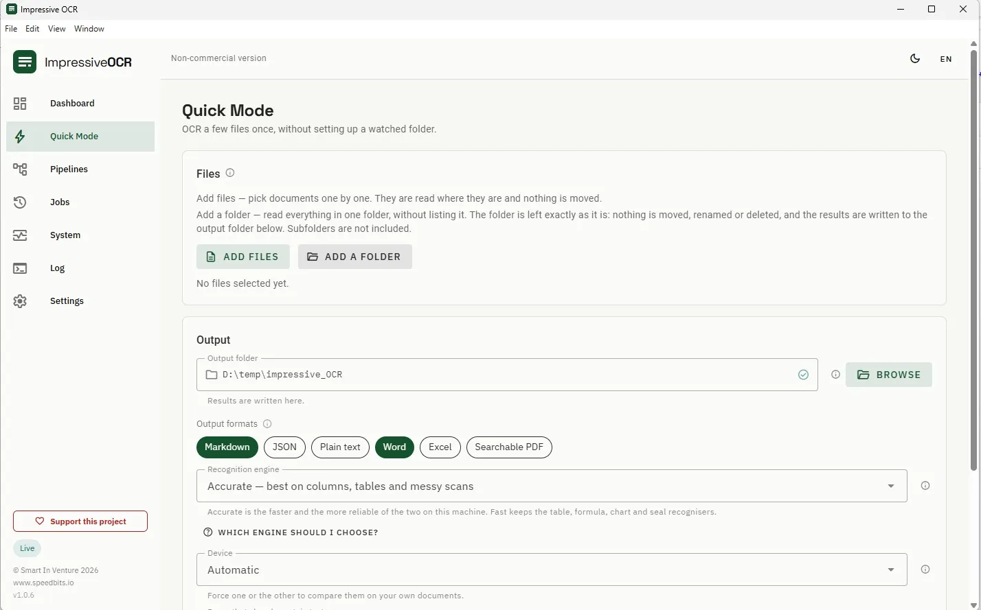 Quick Mode, with output formats and recognition engine selected
