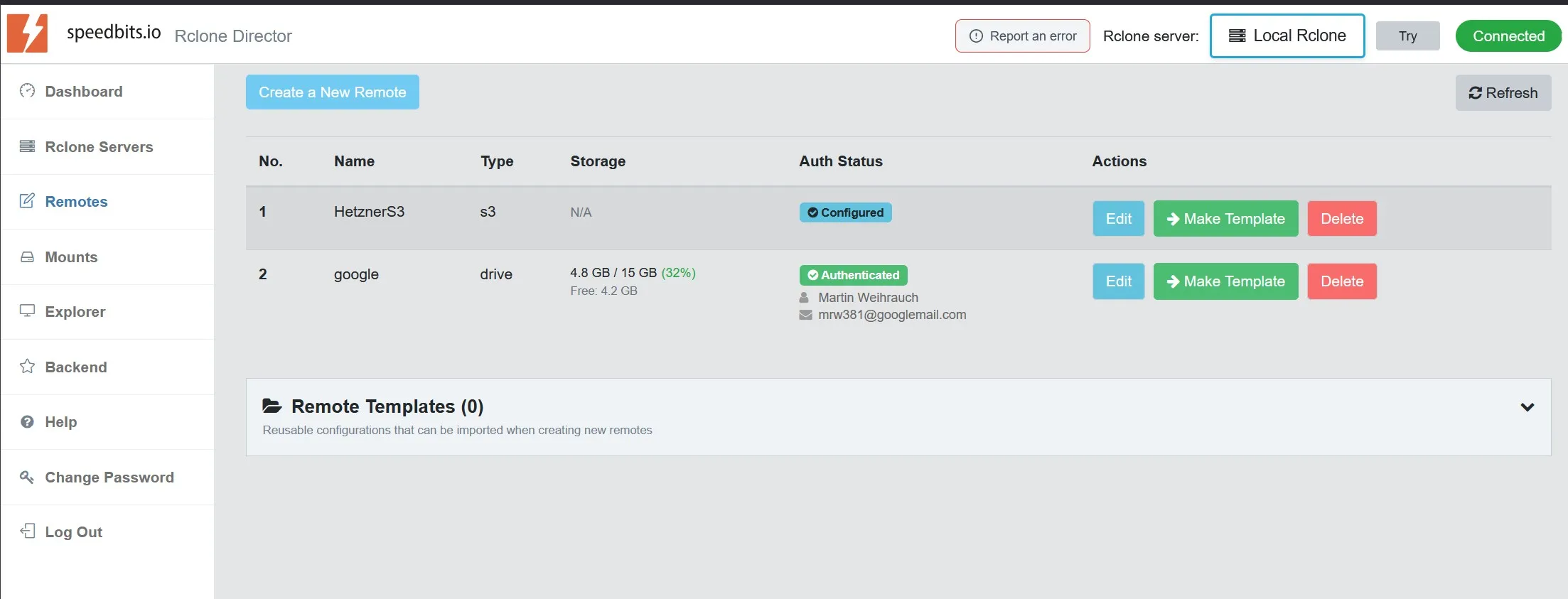 Rclone UI remote configuration listing cloud storage providers