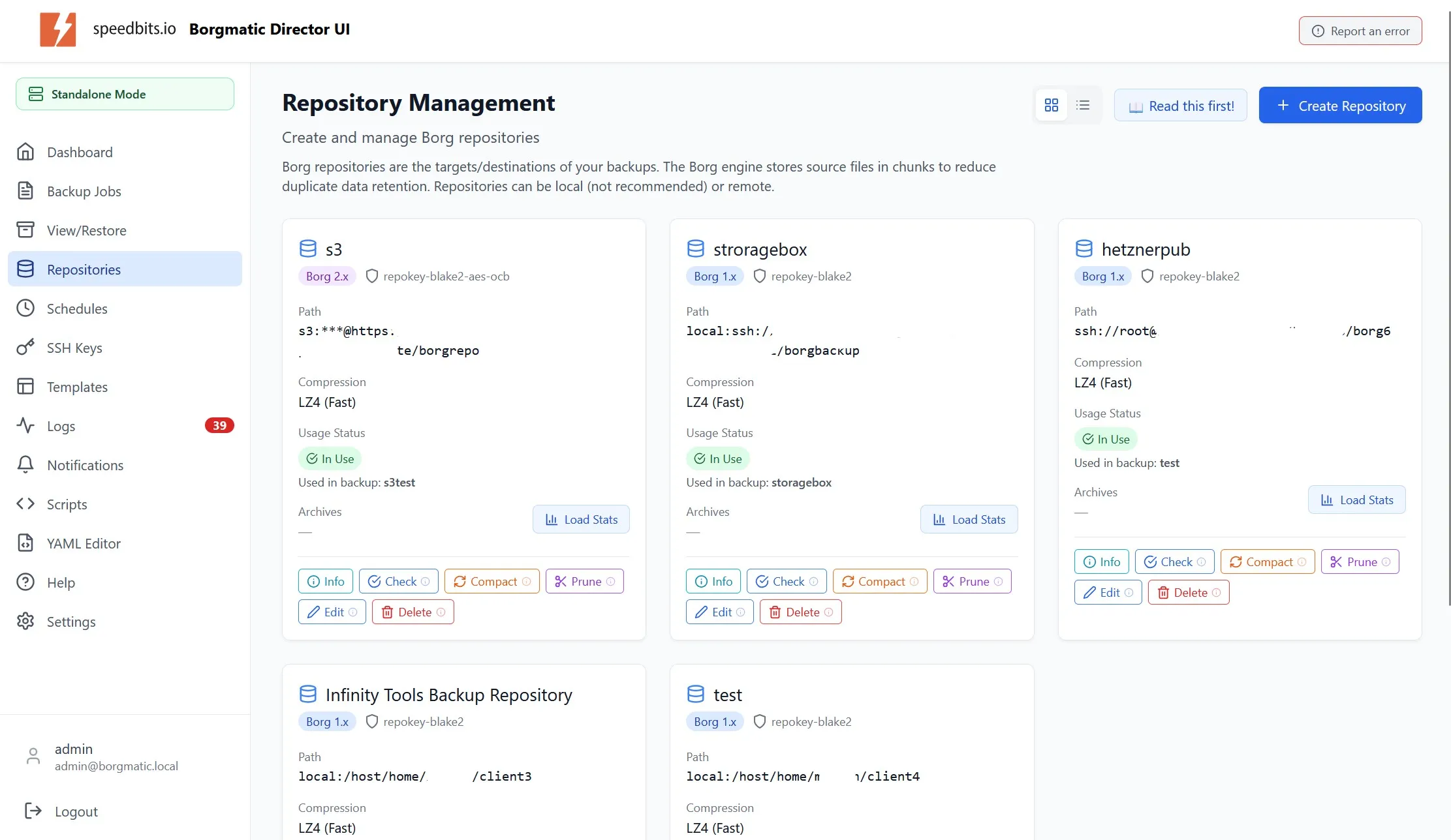 Repository list with local, SSH and cloud Borg repositories