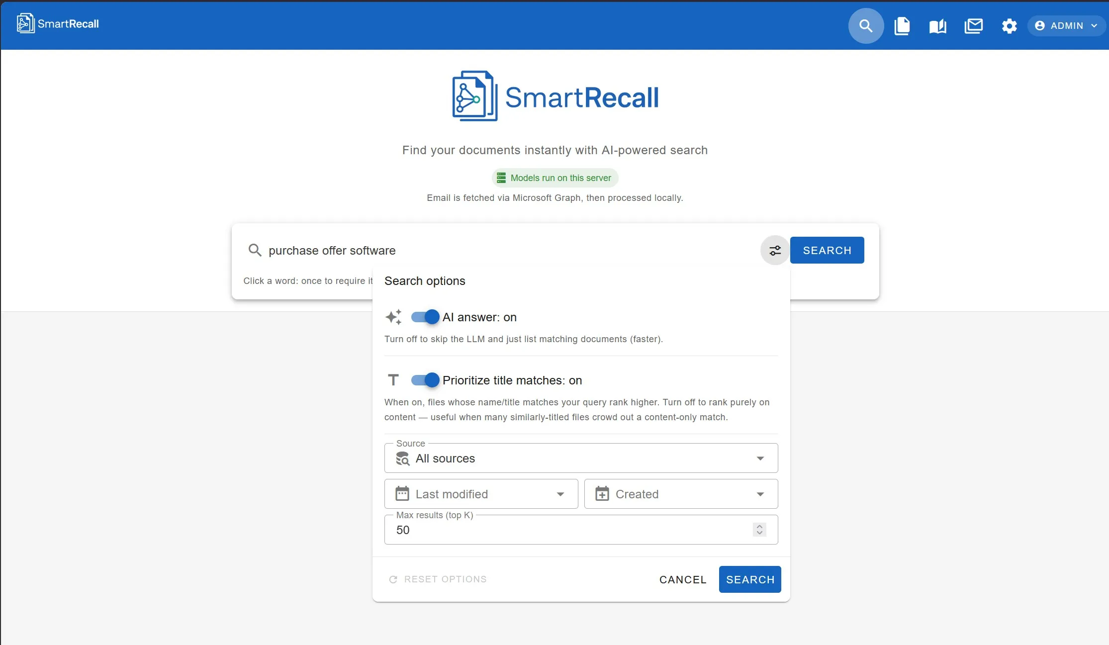 Search options — AI answer, title-match priority, source and date filters