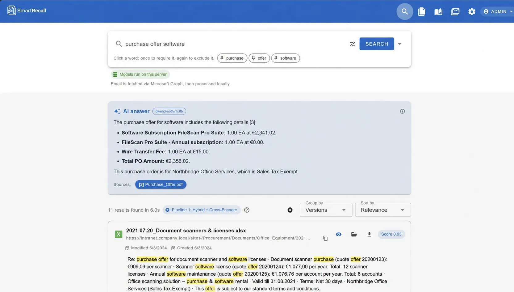An AI answer citing a purchase order, above the ranked documents it came from