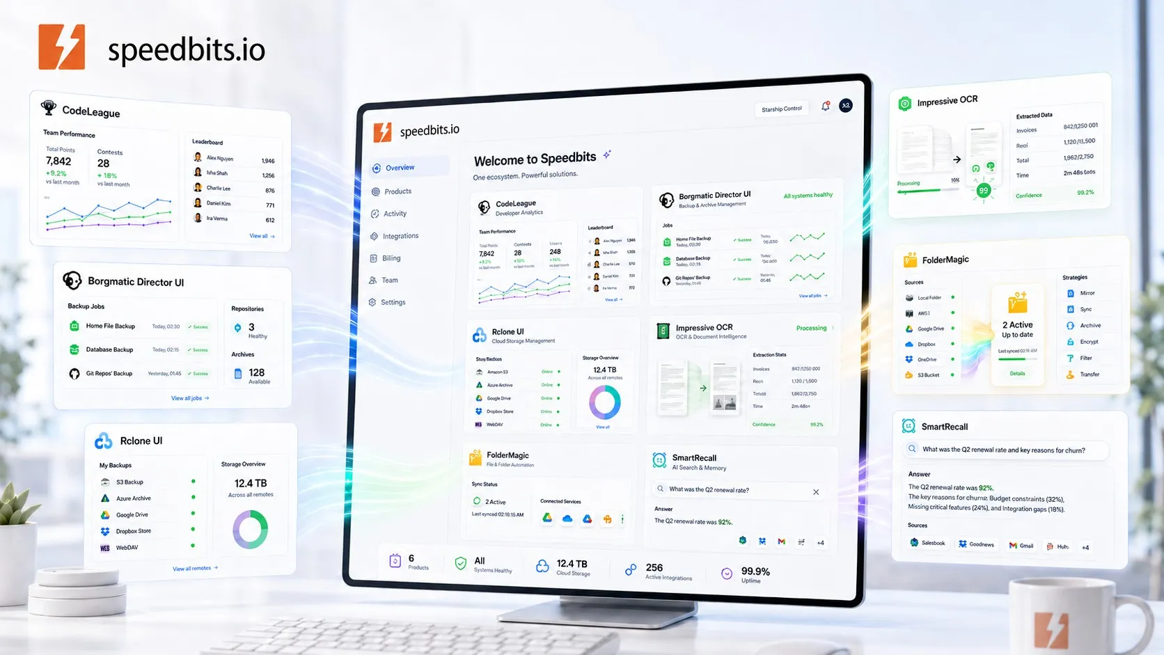 The Speedbits products on one screen — CodeLeague, Borgmatic UI, Rclone UI, Impressive OCR, FolderMagic and SmartRecall
