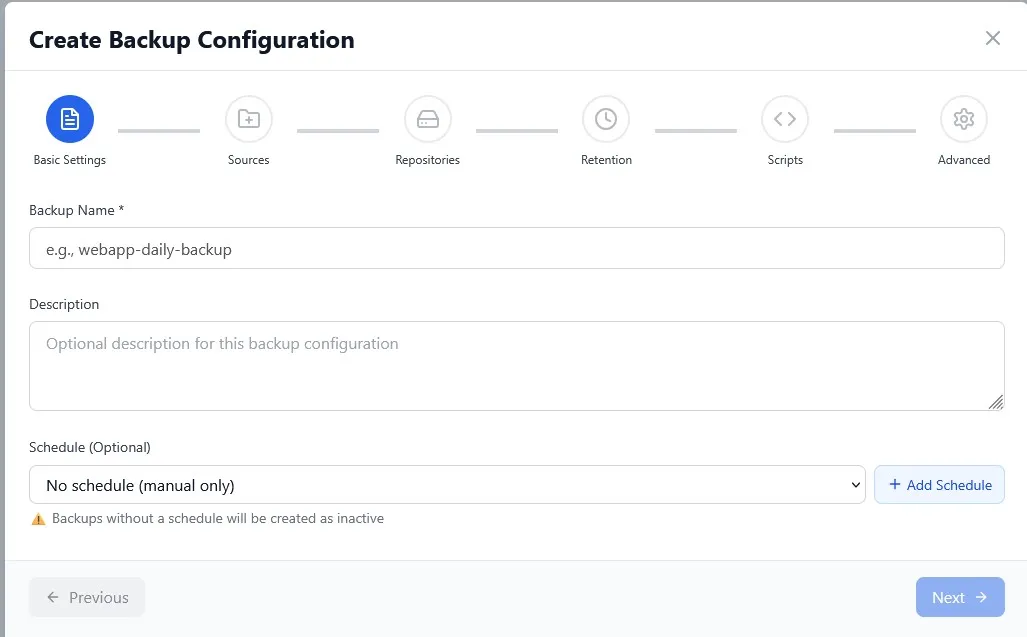 The create-backup wizard, on the basic settings step